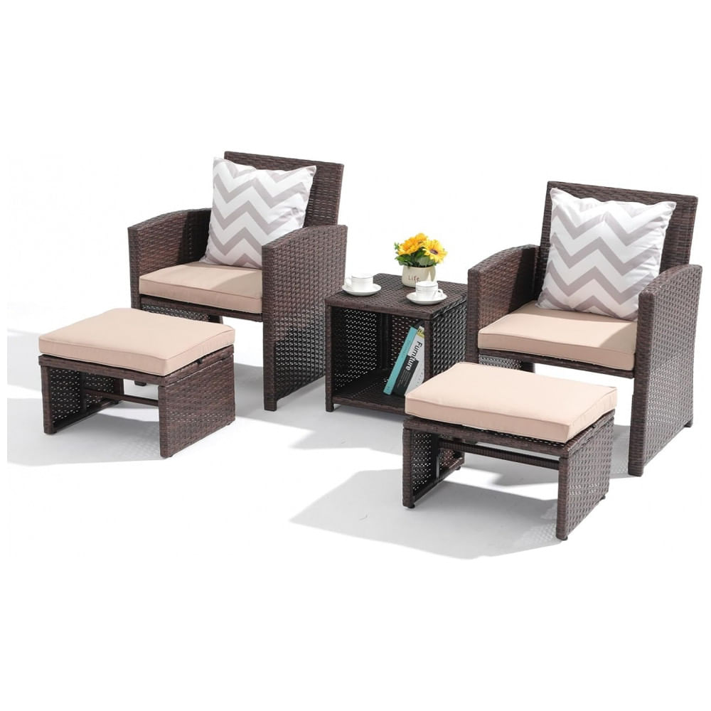 Conjunto de Conversação para Varanda OC OrangeCasual 5 Peças com Almofadas, Cadeira de Vime Marrom com Otomano, Mesa de Armazenamento para Jardim,