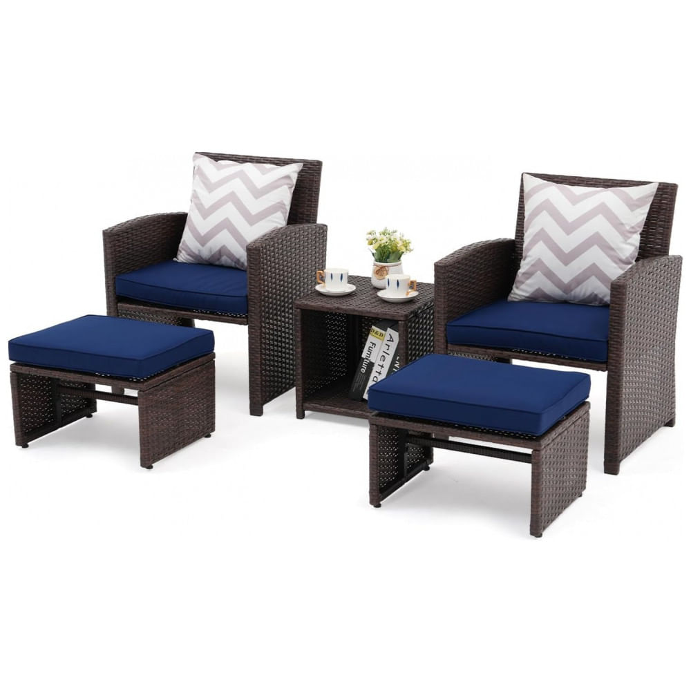 Conjunto de Conversação para Pátio OC Orange-Casual - 5 Peças, Móveis de Varanda com Almofadas, Cadeira de Vime Marrom com Otomano, Mesa de Armazename
