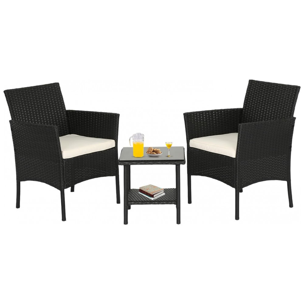 Conjunto de Móveis de Exterior de Vime FDW com 3 Cadeiras de Pátio em Rattan e Mesa de Café para Quintal, Jardim, Varanda, Piscina e Sacada - Preto Pr