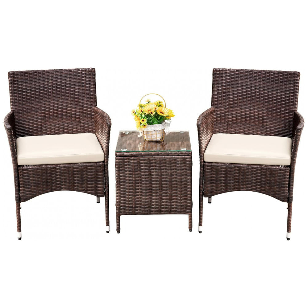 Conjunto de Móveis de Varanda Devoko 3 Peças de Vime de PE com Cadeiras e Mesa para Área Externa - Marrom/Bege