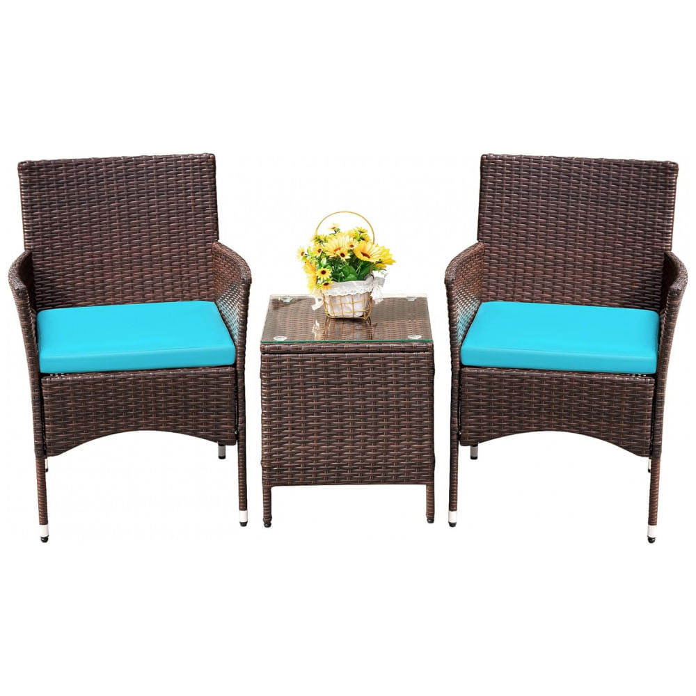 Conjunto de Móveis de Jardim Devoko 3 Peças em Vime PE - Cadeiras com Mesa para Área Externa Marrom/Azul