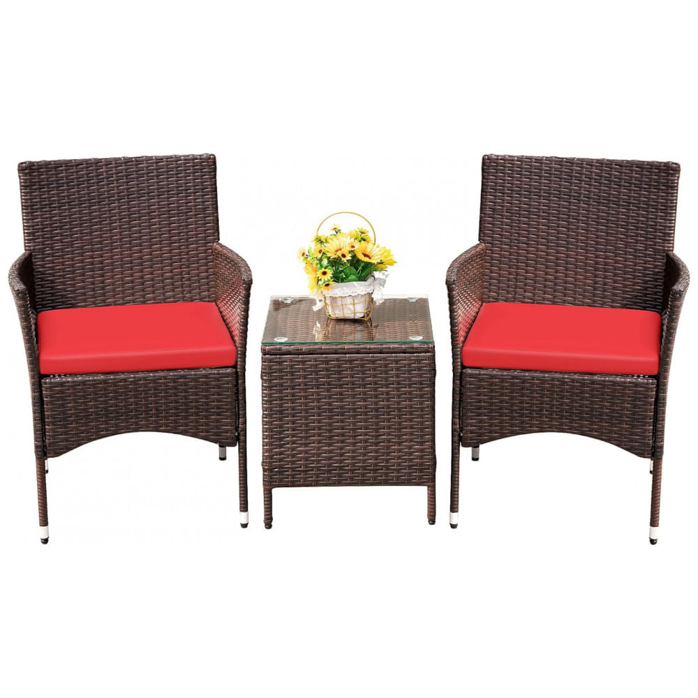 Conjunto de Móveis para Varanda Devoko 3 Peças em Vime PE com Cadeiras e Mesa de Jardim ao Ar Livre Marrom/Vermelho