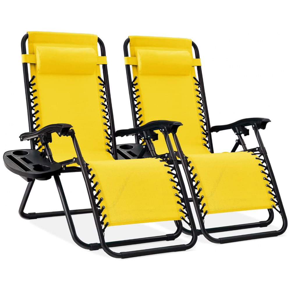 Cadeira de Praia Reclinável Zero Gravity em Aço Mesh Ajustável - Conjunto de 2 com Almofadas e Bandejas,Best Choice Products