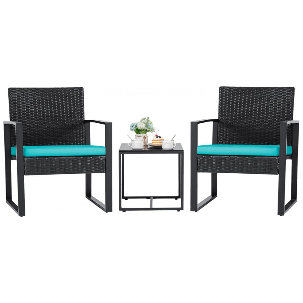 Conjunto de Móveis de Vime para Área Externa Flamaker, Conjunto Bistrô Moderno com Cadeira de Vime e Mesa de Café para Jardim Azul