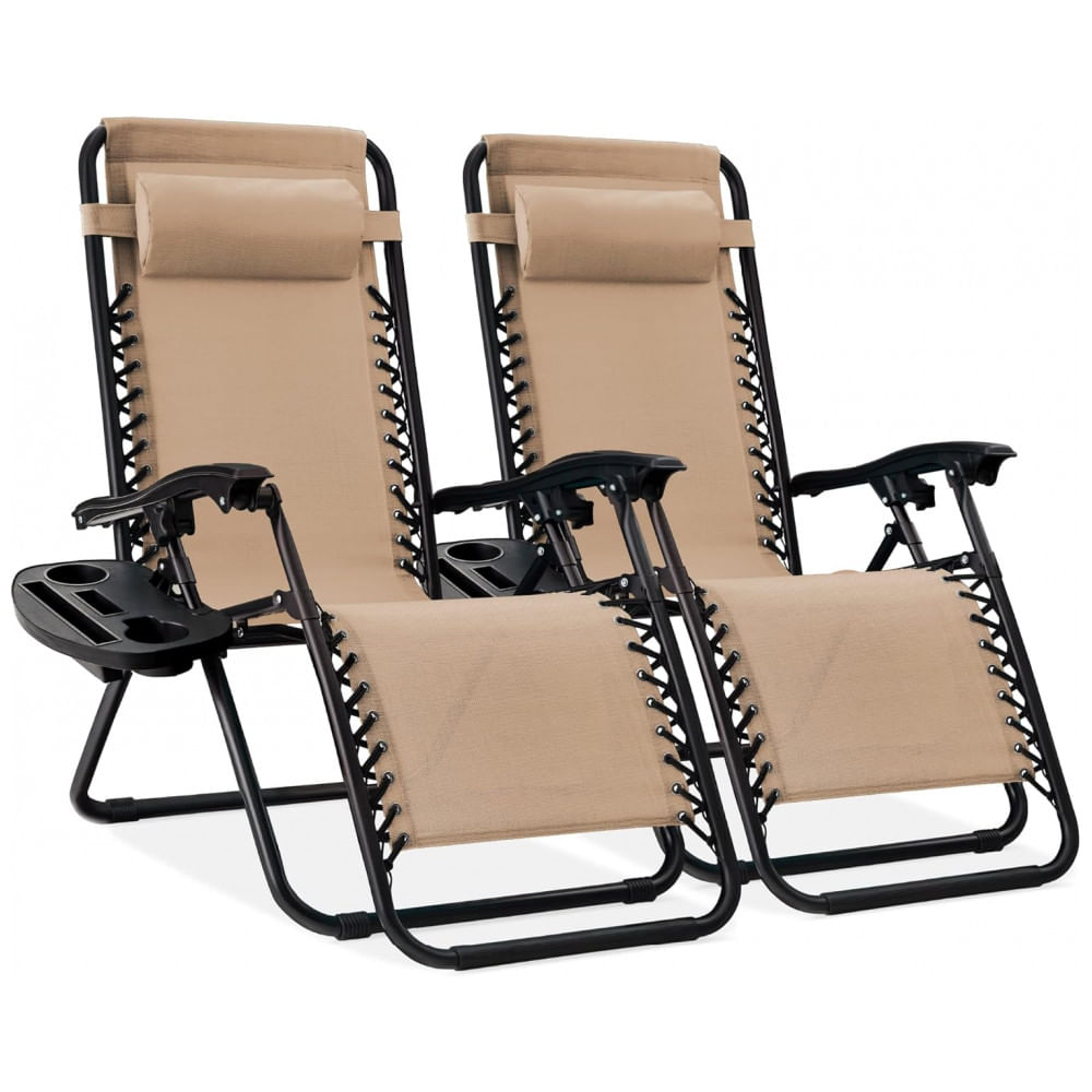 Conjunto de 2 Cadeiras Reclináveis de Gravidade Zero em Malha de Aço Ajustável com Almofadas e Bandejas de Suporte para Copos,Best Choice Products
