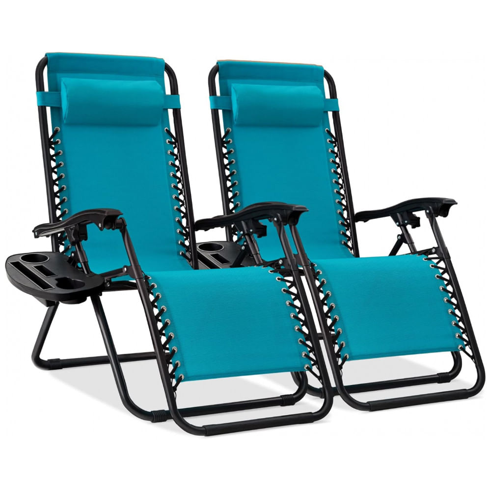 Conjunto de 2 Cadeiras Reclináveis de Gravidade Zero em Malha de Aço Ajustável com Almofadas e Bandejas de Suporte para Copos, Best Choice Products