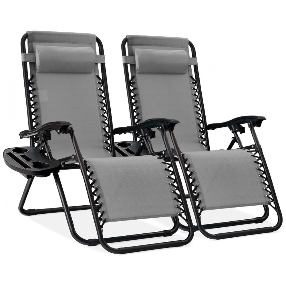 Cadeiras de Praia Zero Gravity Ajustáveis em Conjunto de 2, Malha de Aço - Cinza Gelo, com Almofadas e Suporte,Best Choice Products