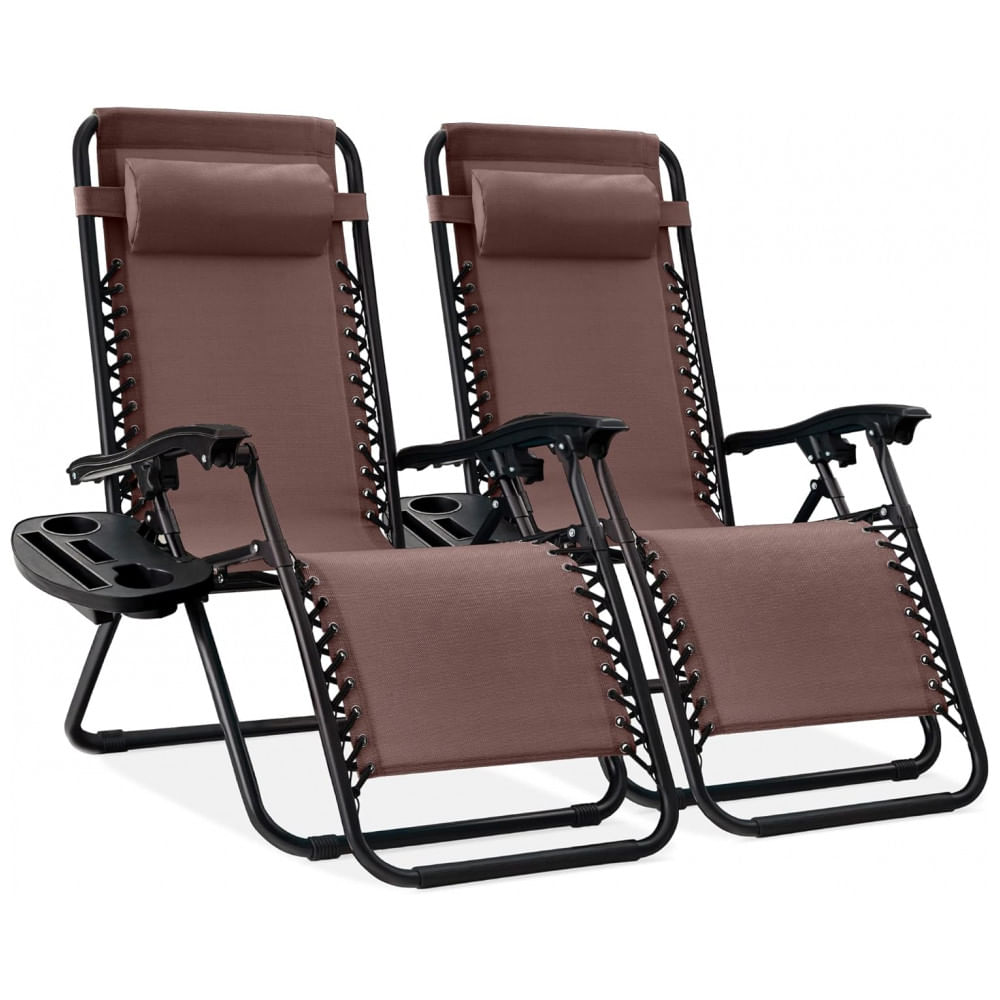 Conjunto de 2 Cadeiras Reclináveis de Gravidade Zero de Malha de Aço Ajustável com Almofadas e Bandejas de Suporte para Copos - Best Choice Products