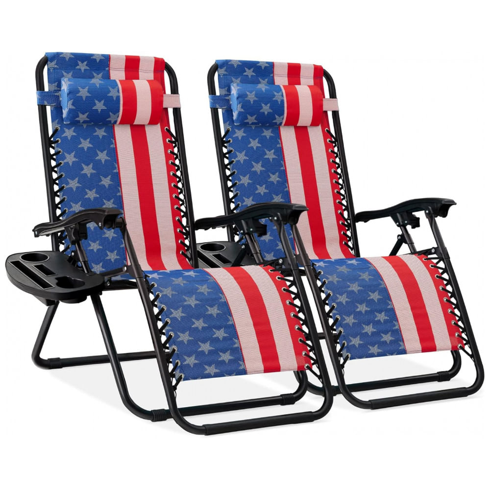 Conjunto de 2 Cadeiras Reclináveis de Gravidade Zero em Aço com Travesseiros e Bandeja de Copos - Best Choice Products