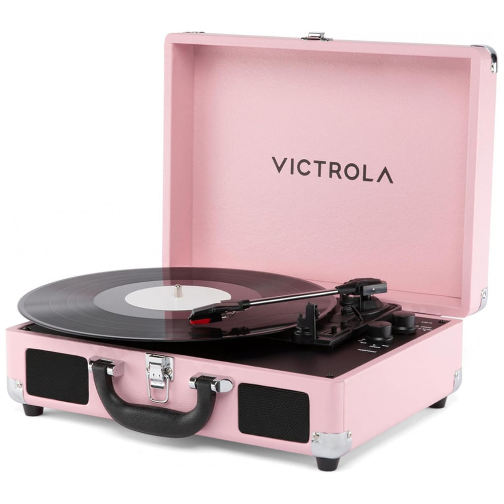 Toca-discos Victrola Journey II Modelo 2025 Bluetooth Rosa com Caixas de Som Estéreo Integradas, Graves Aprimorados, Toca-discos de 3 Velocidades