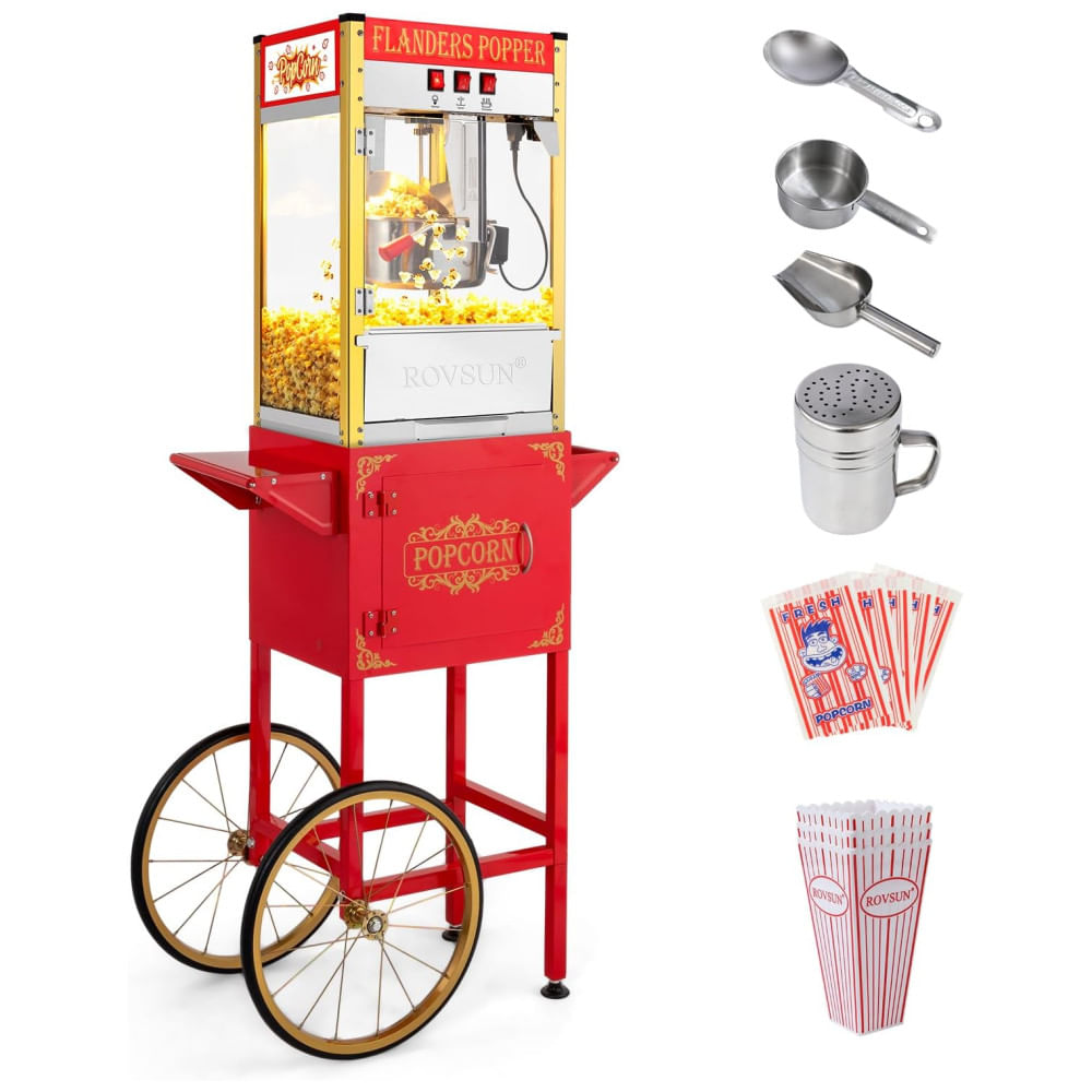 Máquina de Pipoca ROVSUN Estilo Cinema com Carrinho e Rodas, Panela de 280 g, faz até 15 L, Acompanha Concha, Colher de Óleo, Copos e Sacos.