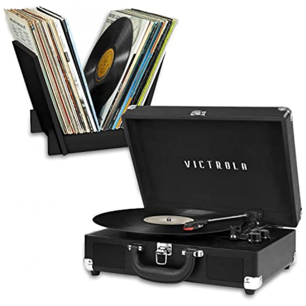 Toca-discos Victrola Journey Bluetooth em Maleta com Suporte Bridge Correspondente, Alto-falantes Incorporados, Velocidade de 3 Níveis para Discos de