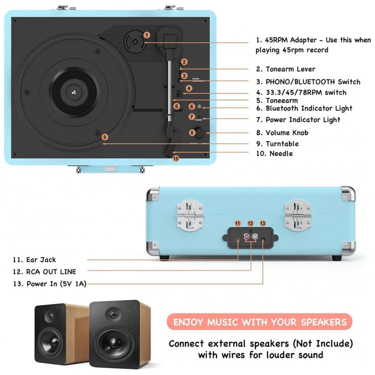 Toca-discos-de-Vinil-Portatil-Bluetooth-de-3-Velocidades-em-Imagem-6
