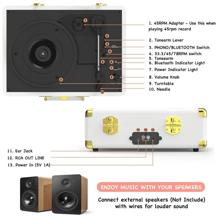 Toca-Discos-de-Vinil-3-Velocidades-Bluetooth-Portatil-Imagem-6