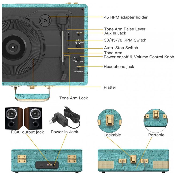 Toca-discos-Retrolife-3-Velocidades-Bluetooth-Portatil-Imagem-3