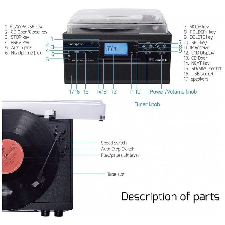 Toca-discos-Bluetooth-DIGITNOW-com-Alto-falante-Estereo-Imagem-5