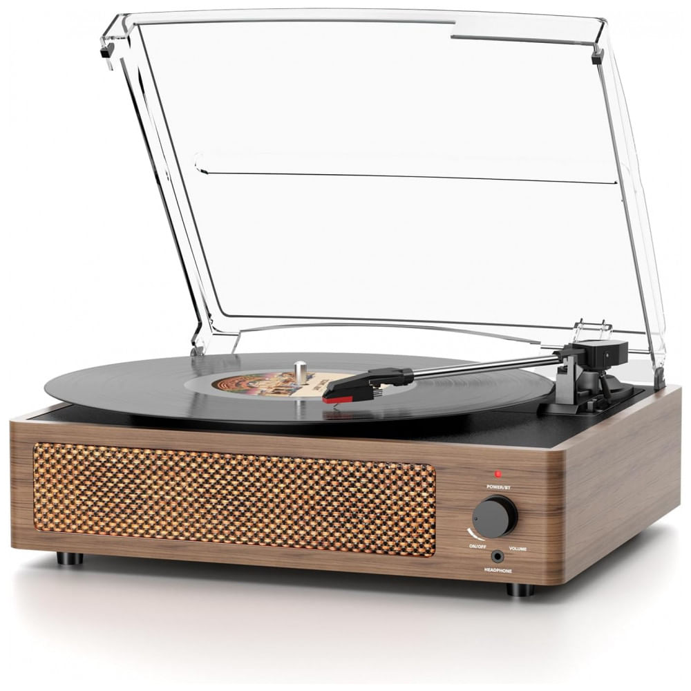 Toca-Discos Vintage com Alto-falantes para Discos de Vinil, Bluetooth, 3 Velocidades, Saída para Fones de Ouvido e RCA, FEKTIK,