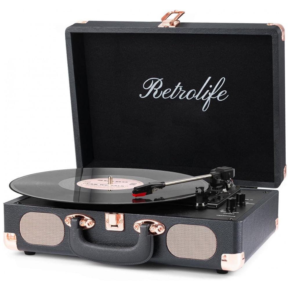 Toca-Discos Portátil Wireless em Maleta com Alto-Falantes Integrados - Estilo Retrô para Discos de Vinil em 3 Velocidades - Retrolife