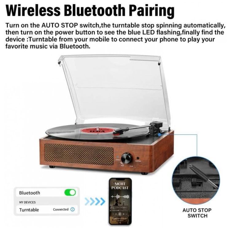 Toca-discos-de-Vinil-com-Receptor-Bluetooth-Integrado-e-2-Imagem-2