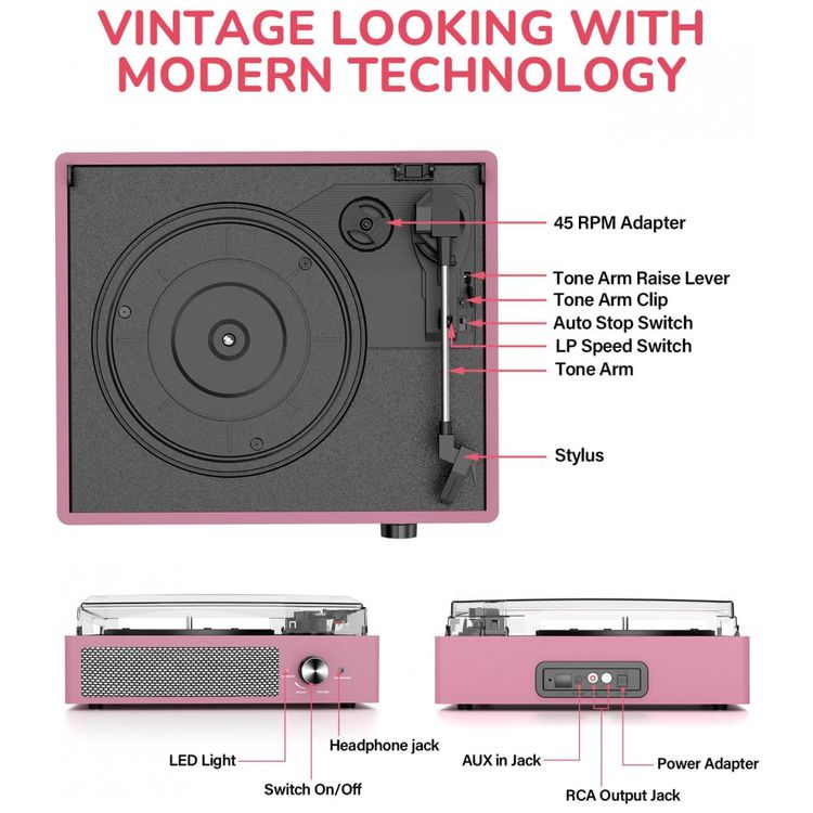 Toca-discos-Vintage-com-Alto-falantes-Bluetooth-sem-Fio-Imagem-1