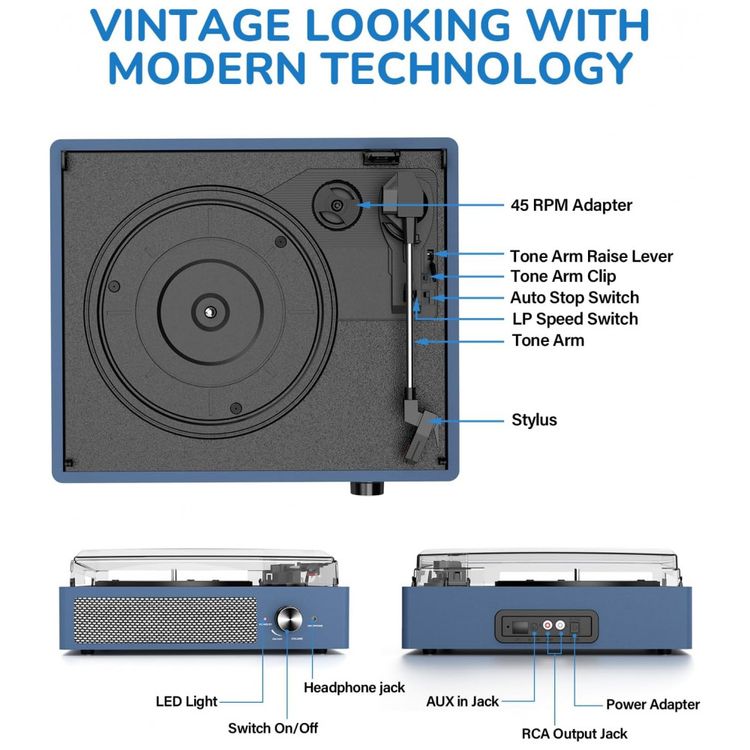 Toca-Discos-de-Vinil-com-2-Alto-Falantes-Estereo-Bluetooth-Imagem-1