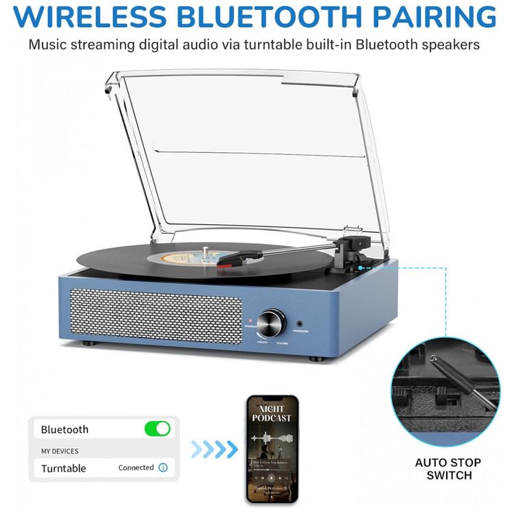 Toca-Discos-de-Vinil-com-2-Alto-Falantes-Estereo-Bluetooth-Imagem-2