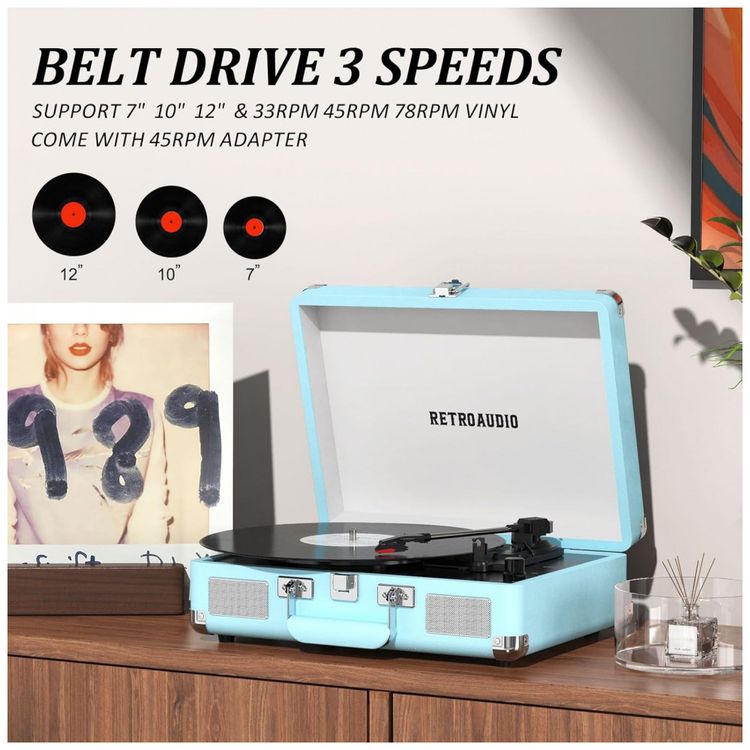 Toca-discos-de-Vinil-Portatil-Bluetooth-de-3-Velocidades-em-Imagem-3