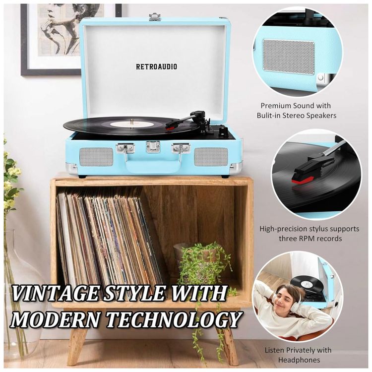 Toca-discos-de-Vinil-Portatil-Bluetooth-de-3-Velocidades-em-Imagem-4