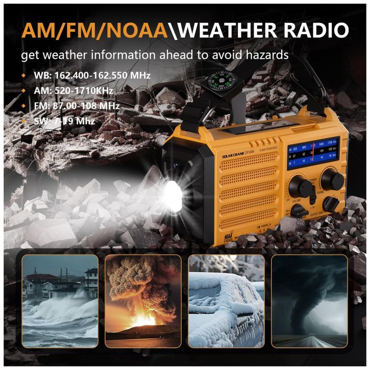 Radio-AM-FM-SW-e-NOAA-2000mAh-Bateria-Solar-Manivela-de-Imagem-7