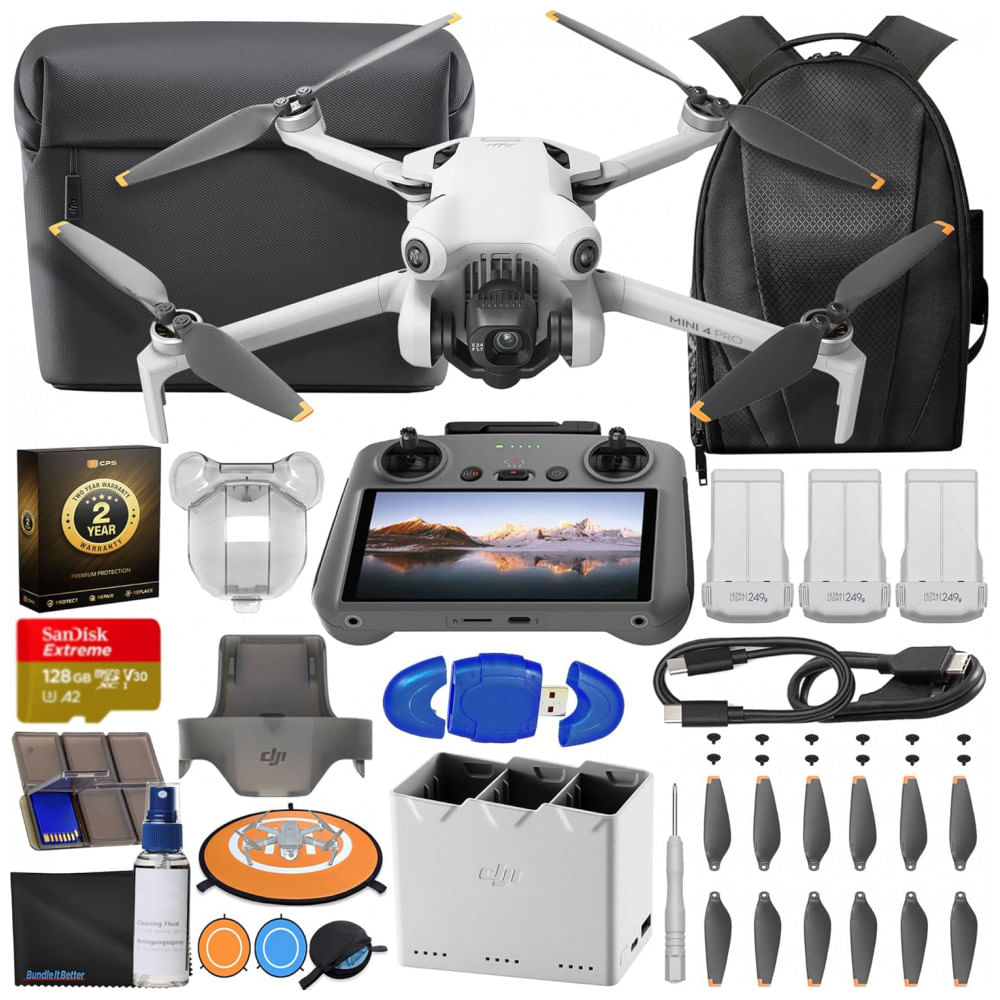 Combo de Drone DJI Mini 4 Pro Fly More com Controle Remoto 2 RC com Tela, Drone Dobrável com Vídeo 4K, Menos de 249g, 34 Minutos de Voo, Sensor de Vis