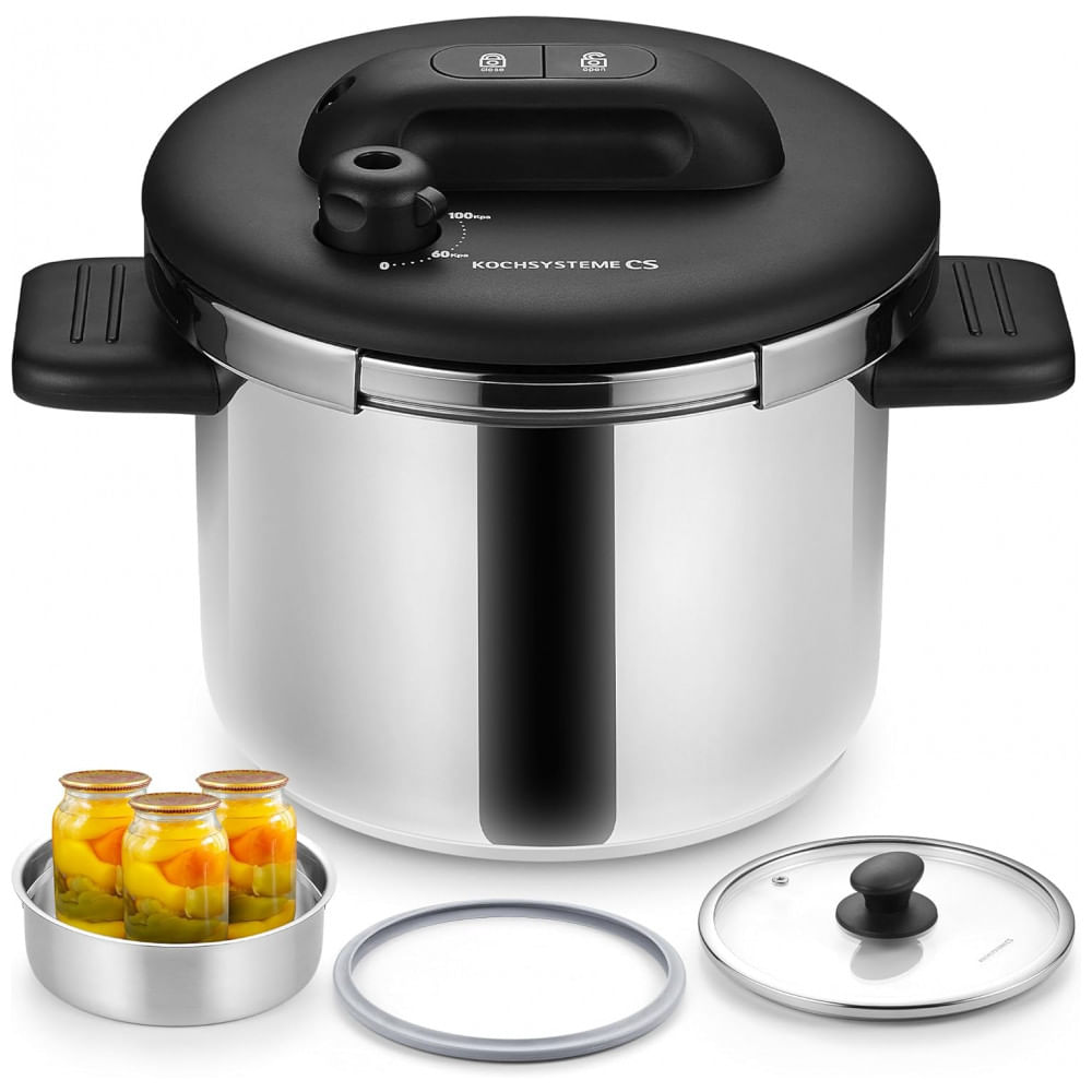 Panela de Pressão em Aço Inoxidável KOCH SYSTEME CS, 6,3 litros Olla de Pressão, Trava Easy OnePress, 3 Configurações de Pressão 3 PSI,