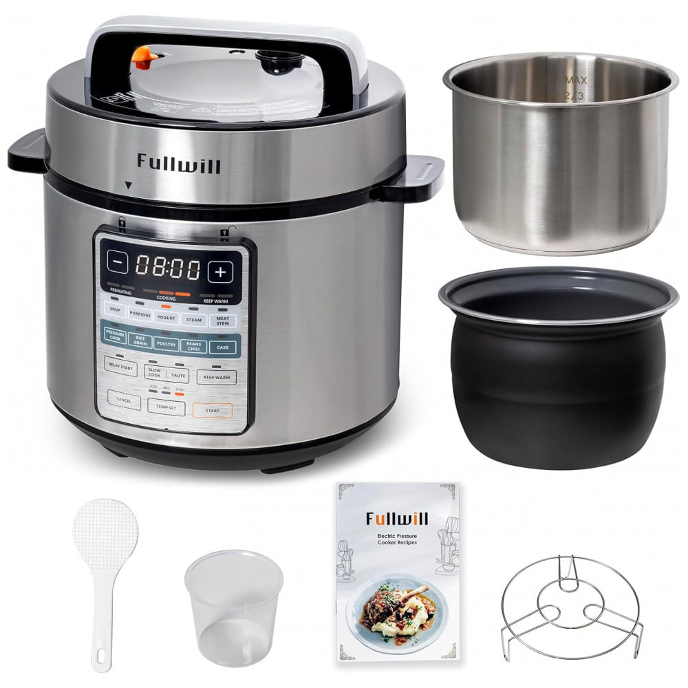 Panela de Pressão Elétrica Fullwill 6 litros Dual Pots, 12 em 1 MultiFunção com Panelas de Cerâmica e Aço Inoxidável 304, Cozinha à Pressão, Sopas