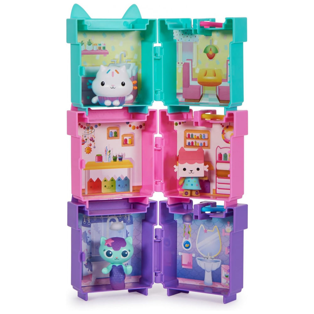 Gabbys Dollhouse: Conjunto de 3 Mini Playsets de Clip-on com Figuras de Brinquedo Cakey, Baby Box e Mercat e Acessórios de Casa de Bonecas