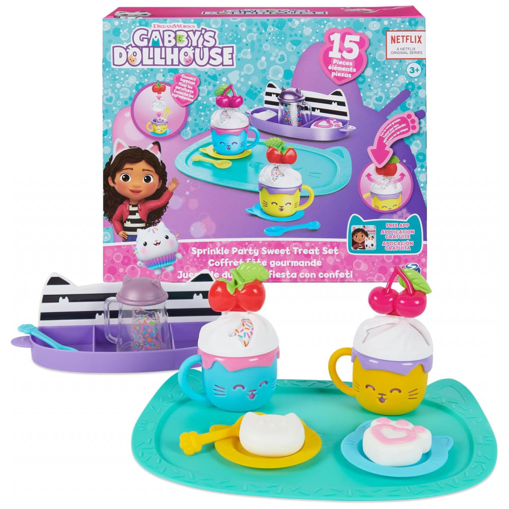 Conjunto Festa de Chocolate Quente da Casa de Bonecas da Gabby, Brincadeira de Faz de Conta com Kit de Doces e Frutas Sprinkles, Gabbys Dollhouse