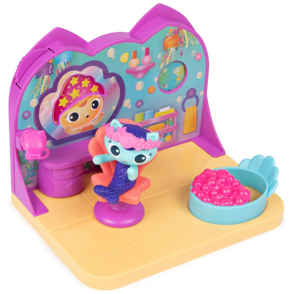 Playset Gabbys Dollhouse MerCats Spa Room com Figura de Brinquedo MerCat, Surpresas e Móveis para Casa de Bonecas, Brinquedo para Meninas e Meninos