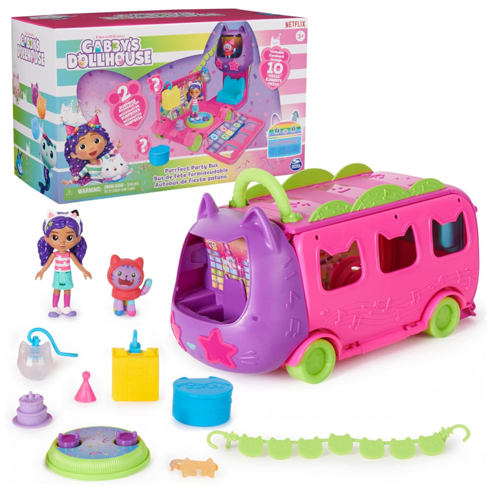 Ônibus de Festa da Gabbys Dollhouse, Playset Transformável com Boneca DJ Gabby Catnip e Acessórios de Casa de Bonecas, Brinquedos para Crianças