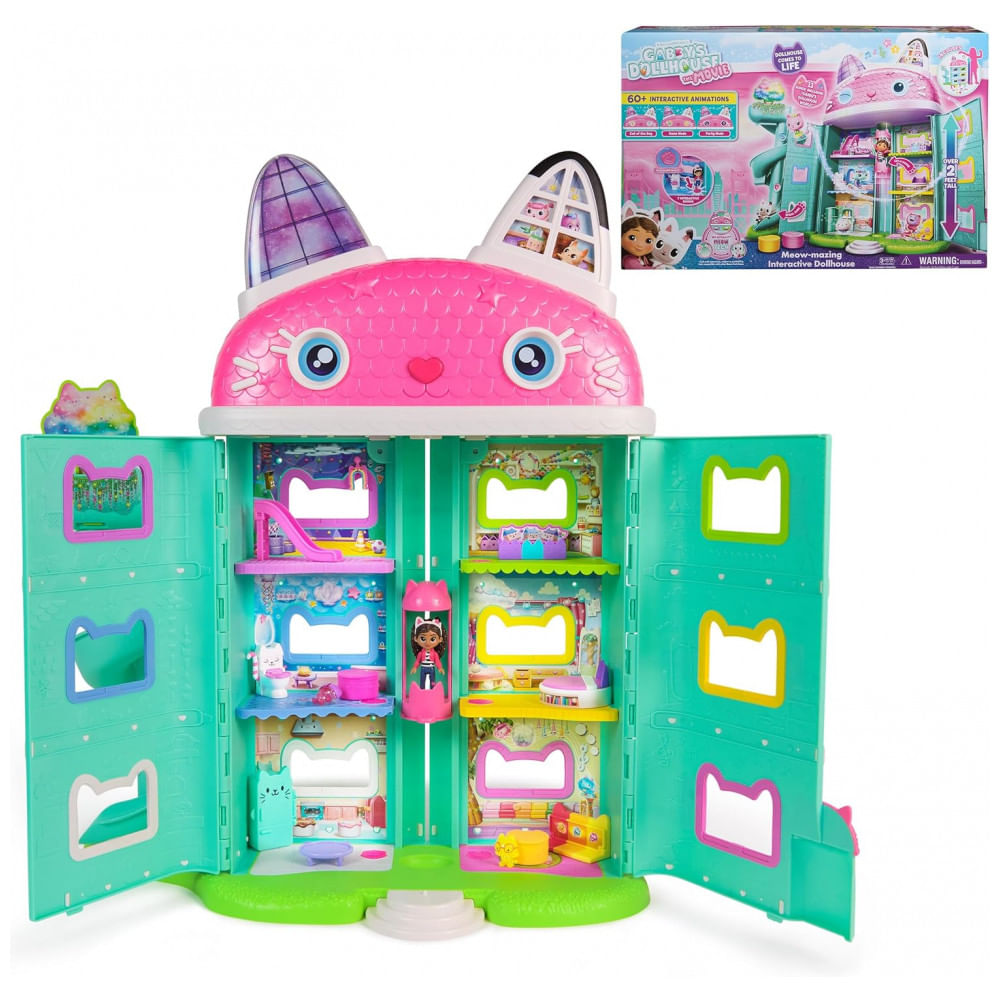 Casa de Bonecas Interativa MeowMazing do Filme Gabbys Dollhouse, 7 Cômodos, Olhos de Tela LCD, Figuras, Efeitos Sonoros, Gabbys Dollhouse