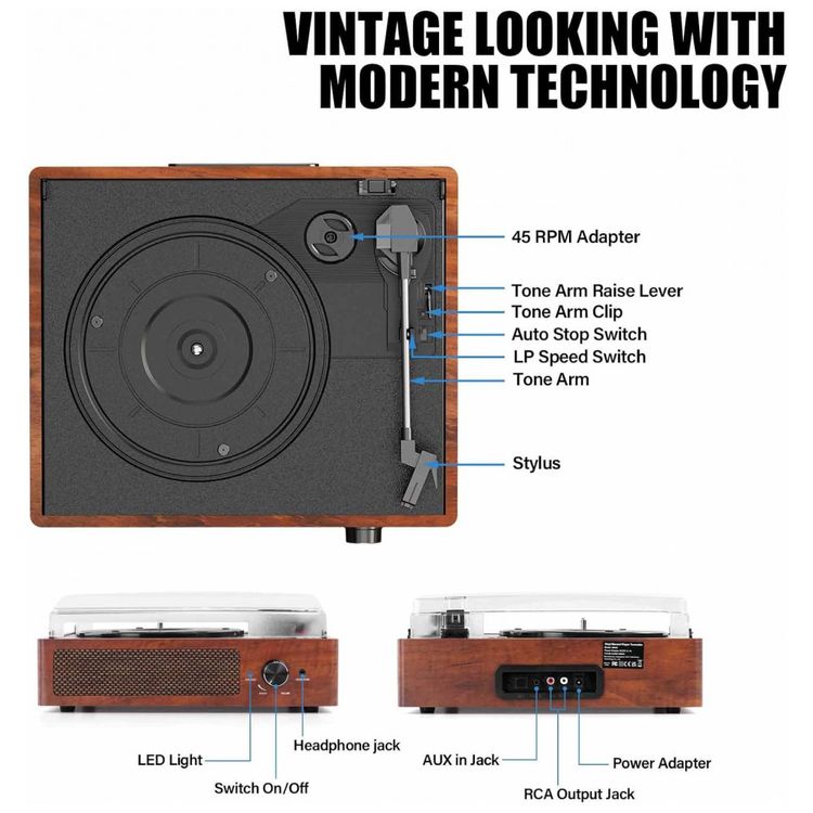 Toca-discos-Vintage-para-Discos-de-Vinil-com-Alto-falantes-Imagem-1