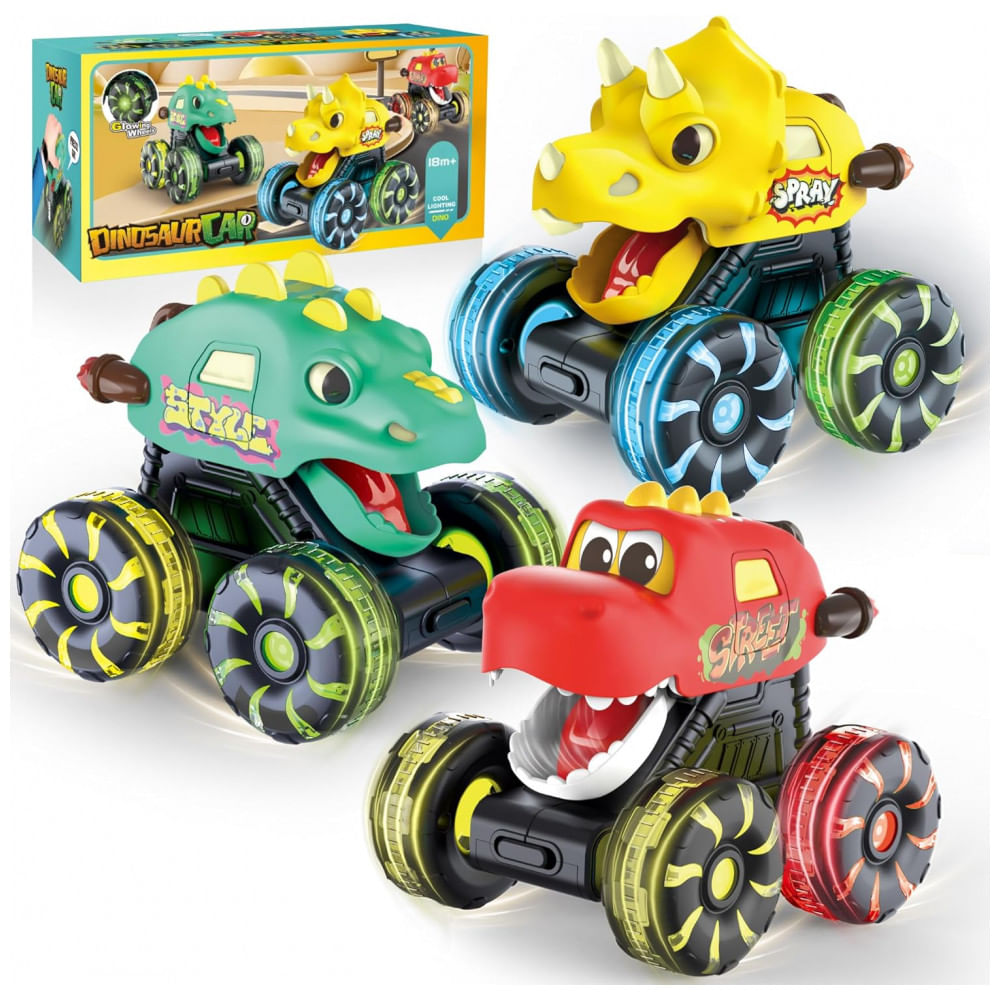 Conjunto de 3 Caminhões Monstros de Dinossauro com Rodas LED para Crianças Pequenas,OMAKCOO