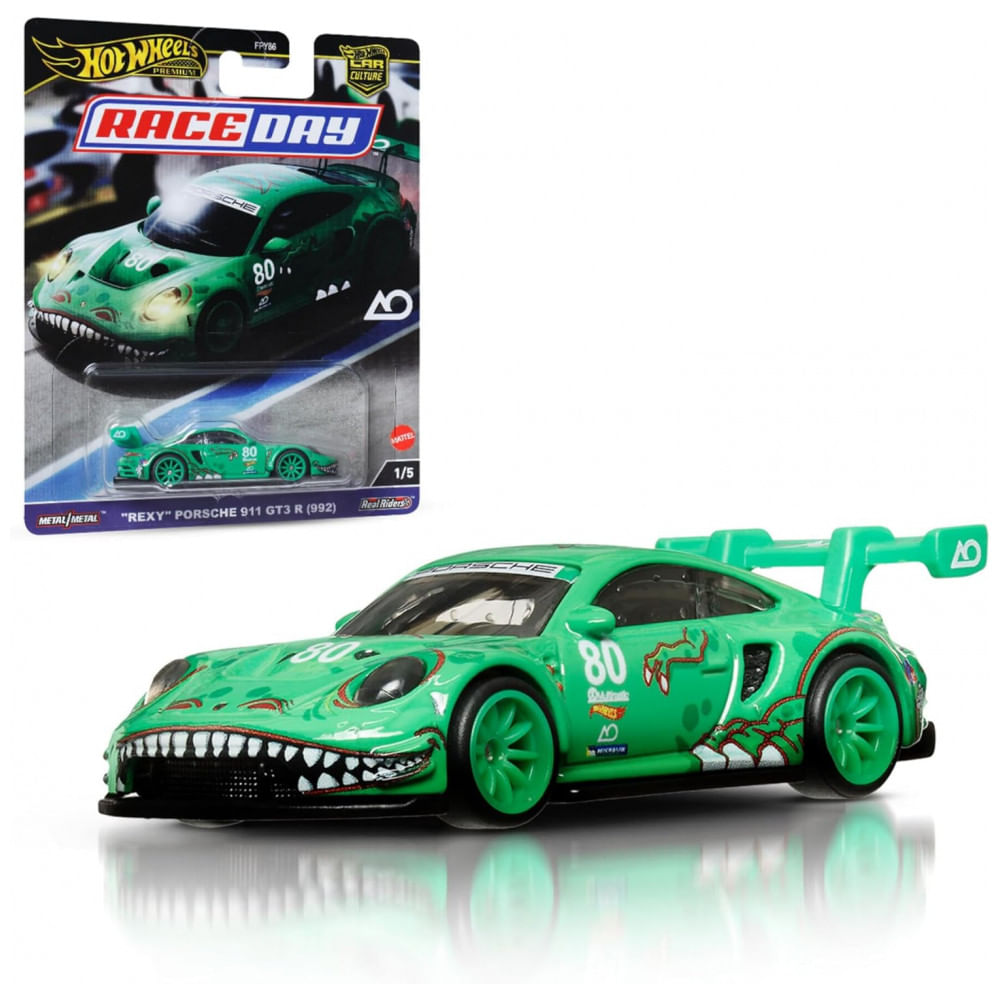 Carrinho de Brinquedo Colecionável Hot Wheels Premium Car Culture, Escala 1:64, Porsche 911 GT3 R Die-Cast, Veículo de Corrida com Pneus Real Riders