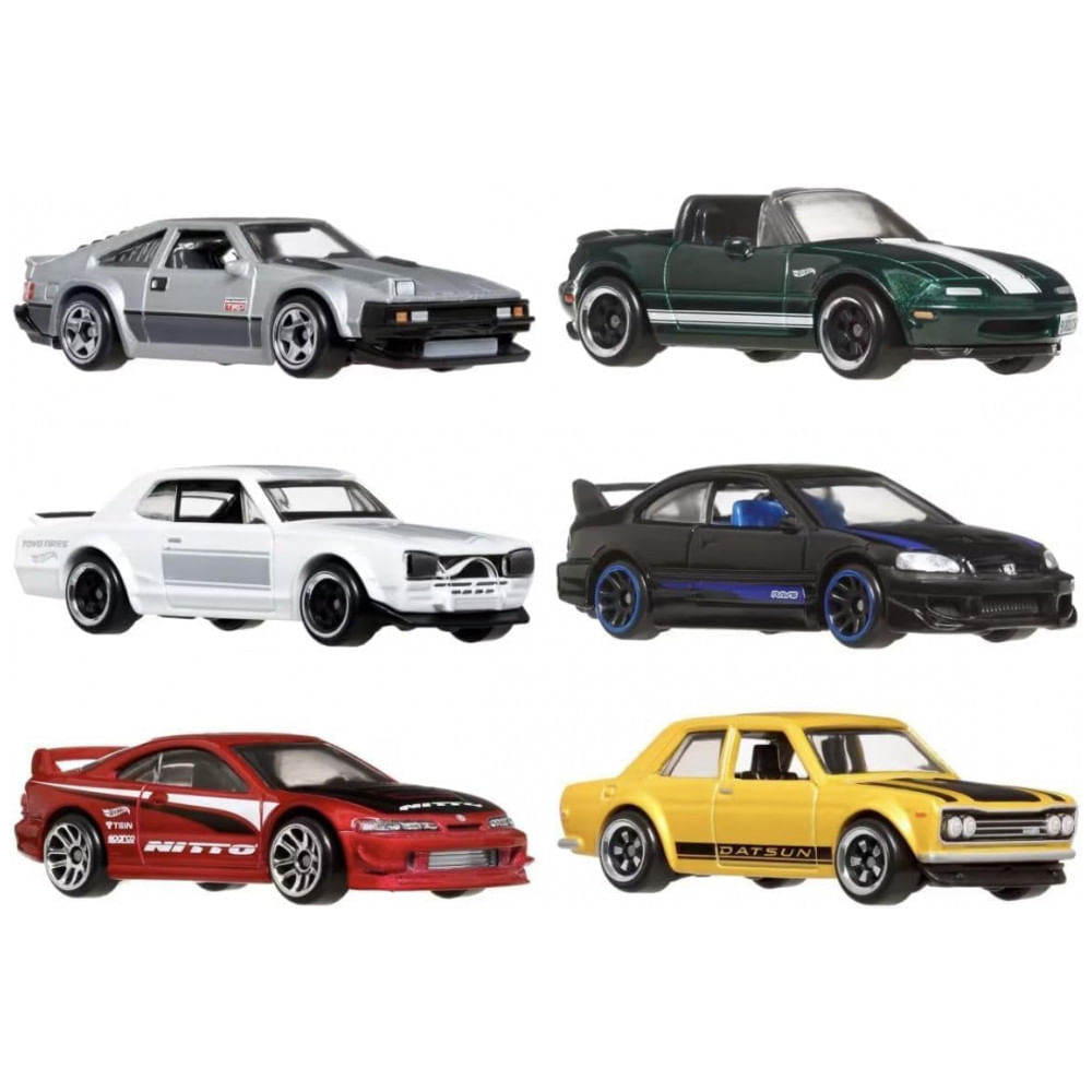 Coleção de 6 Carros de Brinquedo Hot Wheels Escala 1:64, Veículos Japoneses com Estilos Elevados que Variam