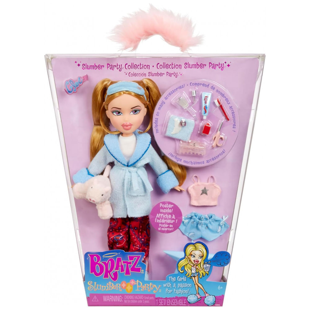 Boneca de Moda Bratz Slumber Party Cloe com 2 Conjuntos de Pijamas, Pelúcia e Acessórios