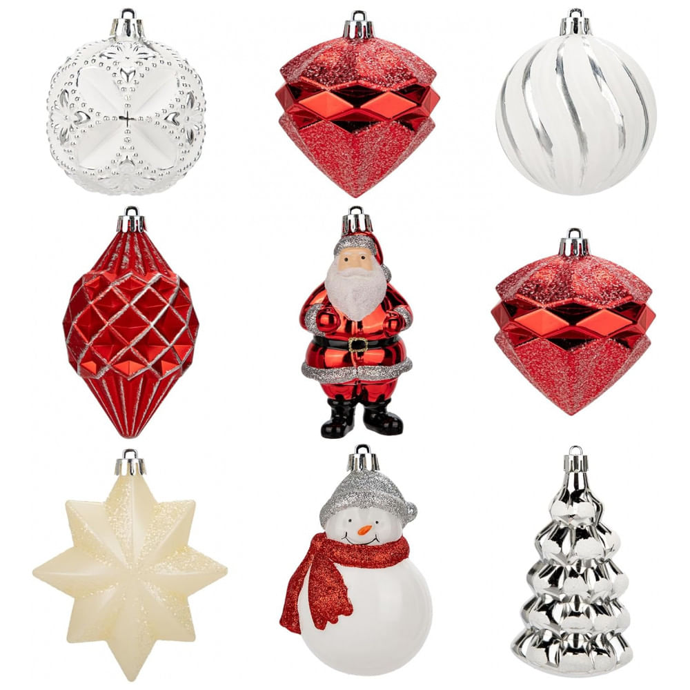 Conjunto de 9 Bolas de Natal Vermelhas e Brancas para Árvore de Natal, Decoradas com Boneco de Neve, Papai Noel e Estrela
