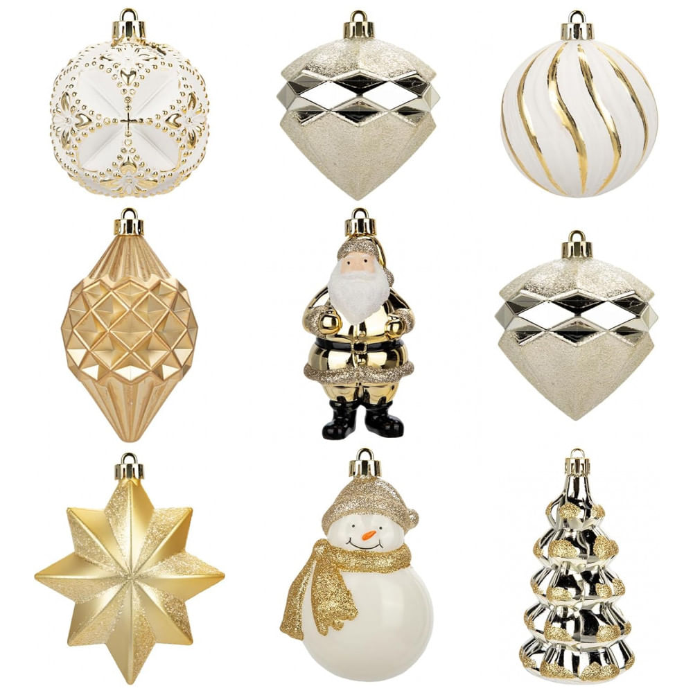 Conjunto de 9 Bolas de Natal Douradas para Árvore, com Temas Variados, Decorativas e Anti-quebra, Villa Como