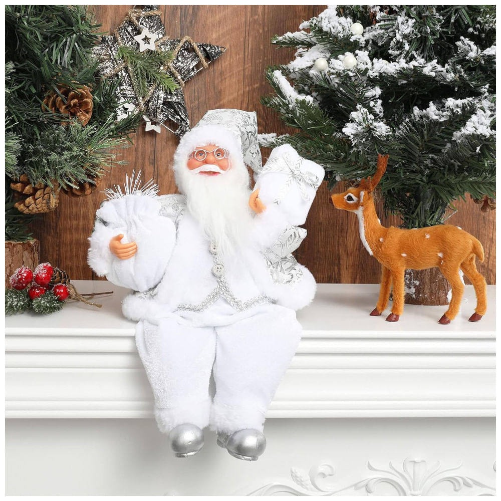 Enfeite de Natal AnyDesign: Papai Noel Sentado Artesanal com Casaco Branco e Prata, Bolsa de Presente e Presentes, Decoração Natalina para Casa