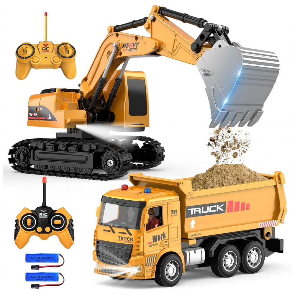 Conjunto de Brinquedos de Caminhão Basculante e Escavadeira de Controle Remoto - Veículos de Construção RC com Barreiras