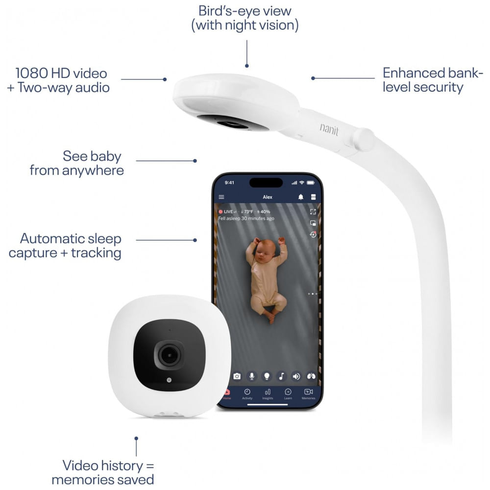 Babá Eletrônica Inteligente Nanit Essentials com Suporte de Parede, Câmera WiFi HD 1080p, Rastreamento de Sono, Áudio Bidirecional, Visão Noturna