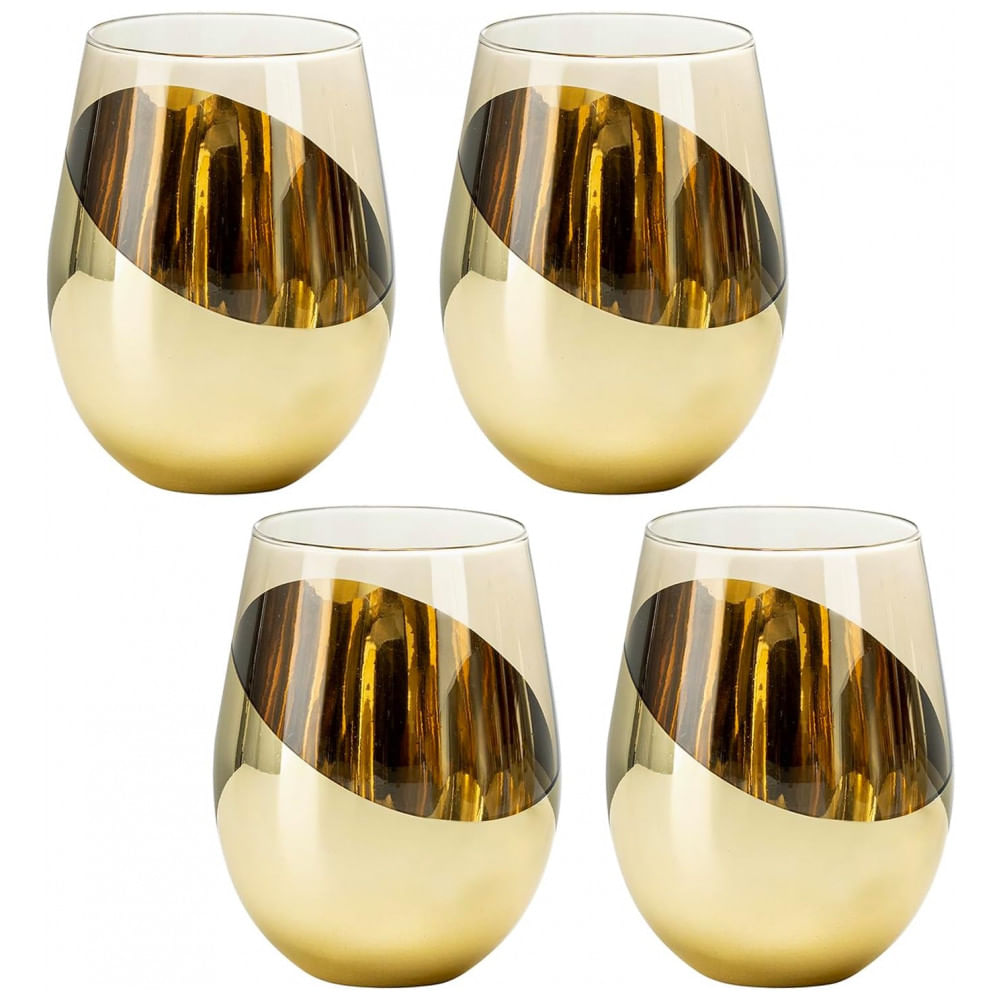 Jogo com 4 Taças de Vinho Sem Haste Âmbar Vintage com Detalhes em Latão Inclinado, Copos de Bebida de Coquetel de Vidro Translúcido Âmbar, 18 oz