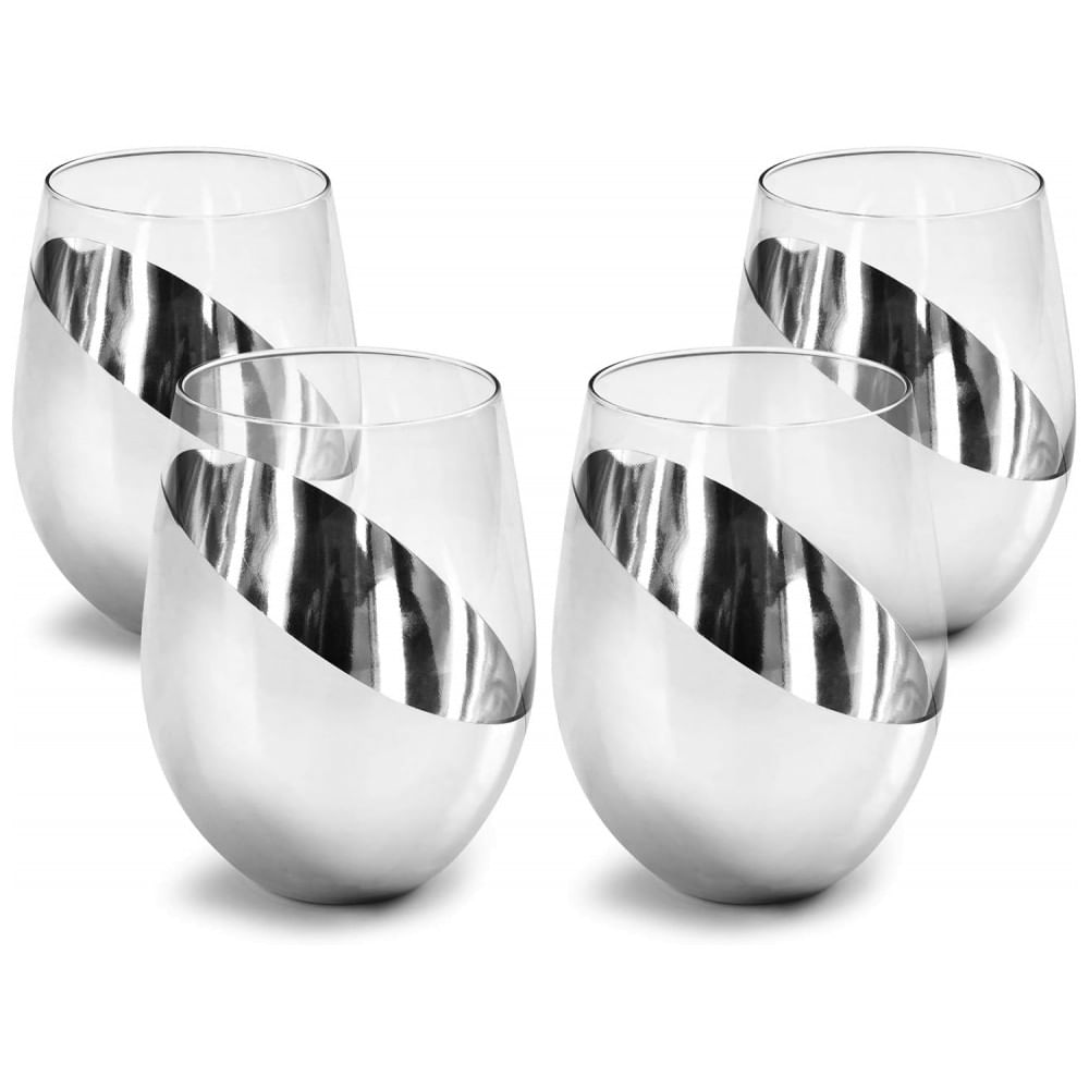 Conjunto de 6 Copos de Vinho sem Pé MyGift Premium Prateado com Detalhes Elegantes, Perfeito para Presente de Casamento ou Aniversário, Resistente a I