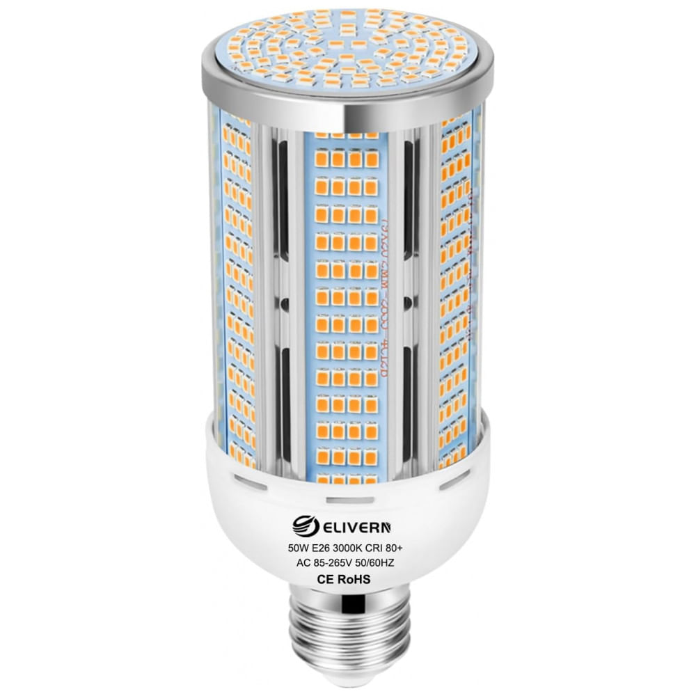 Lâmpada de Milho LED 50W - 6000 Lumens - Branco Quente 3000K - Base E26/E27 - Iluminação Brilhante para Casa, Garagem, Jardim, Escritório,ELIVERN